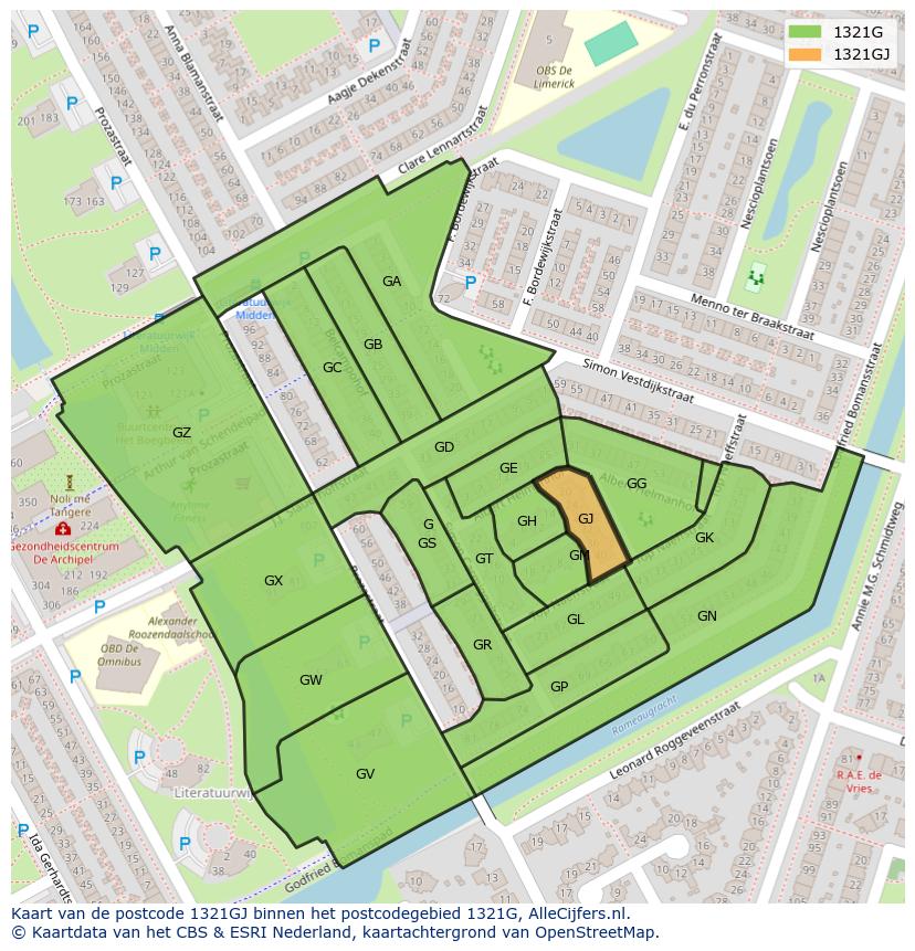 Afbeelding van het postcodegebied 1321 GJ op de kaart.