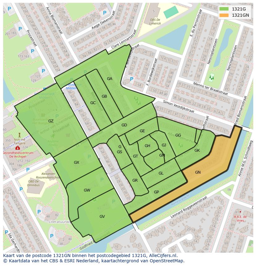 Afbeelding van het postcodegebied 1321 GN op de kaart.