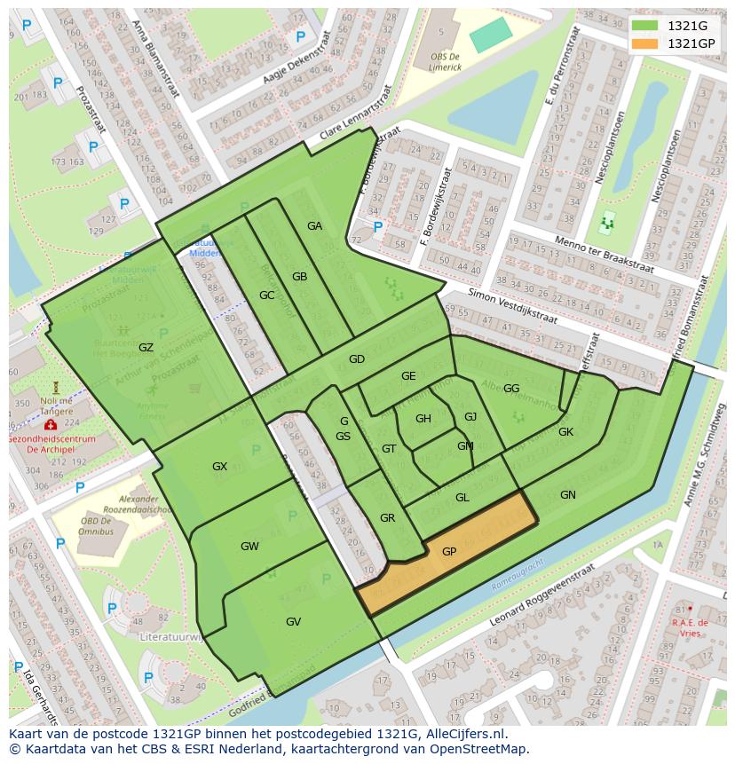 Afbeelding van het postcodegebied 1321 GP op de kaart.