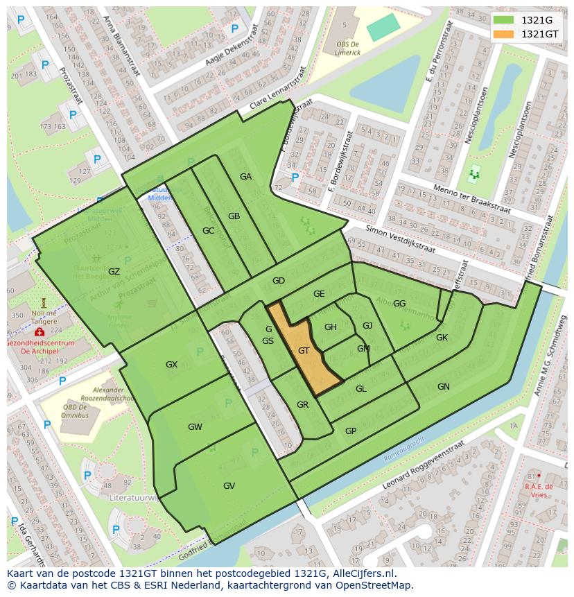 Afbeelding van het postcodegebied 1321 GT op de kaart.