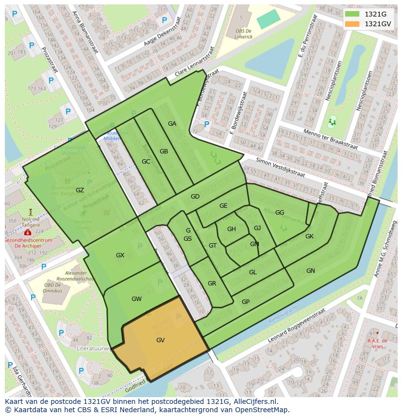 Afbeelding van het postcodegebied 1321 GV op de kaart.