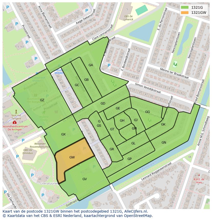 Afbeelding van het postcodegebied 1321 GW op de kaart.