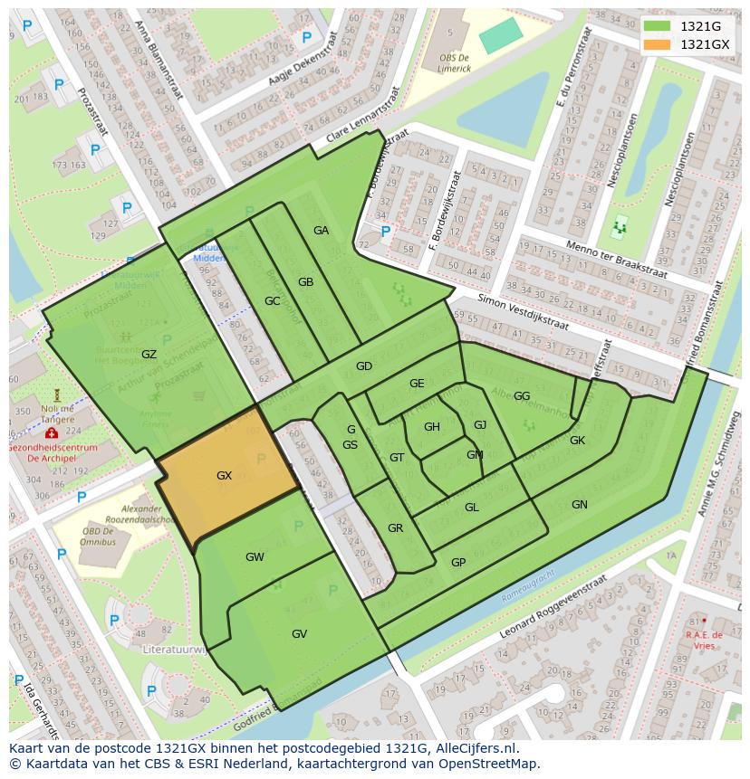 Afbeelding van het postcodegebied 1321 GX op de kaart.