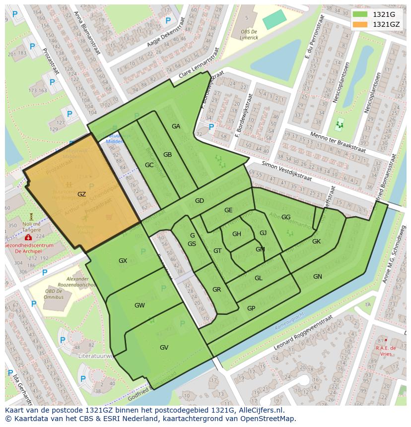 Afbeelding van het postcodegebied 1321 GZ op de kaart.