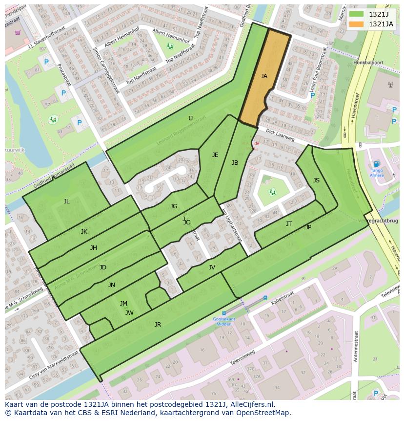 Afbeelding van het postcodegebied 1321 JA op de kaart.