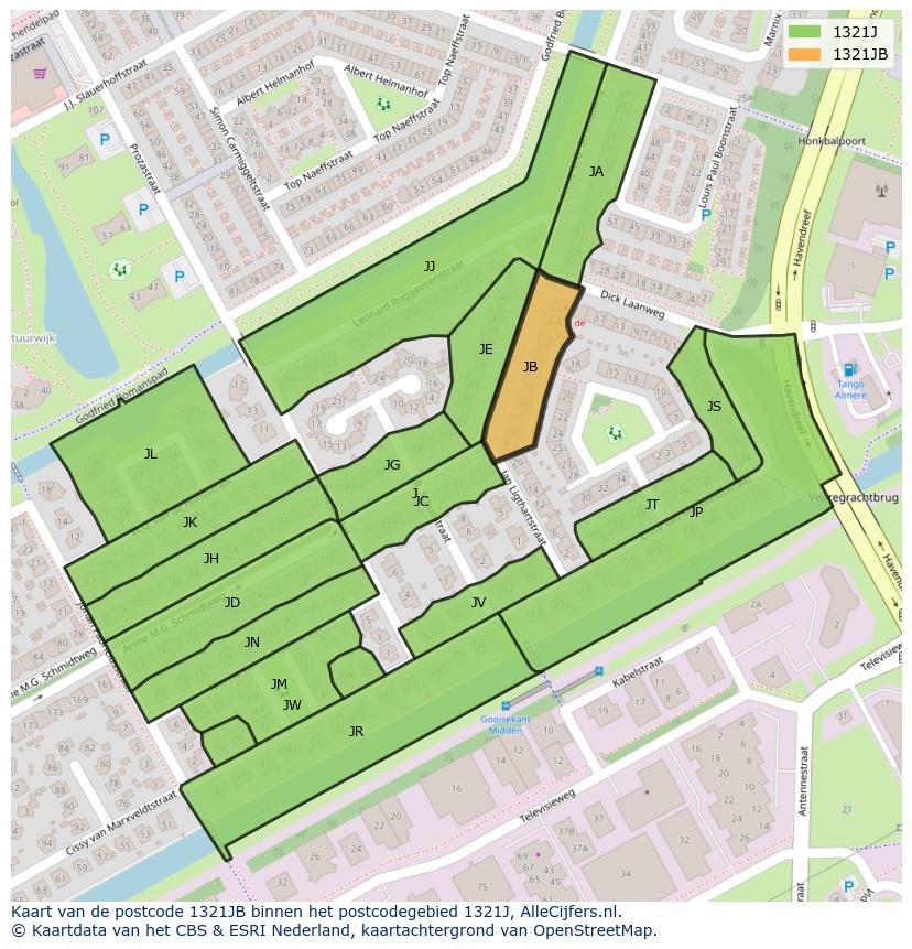 Afbeelding van het postcodegebied 1321 JB op de kaart.