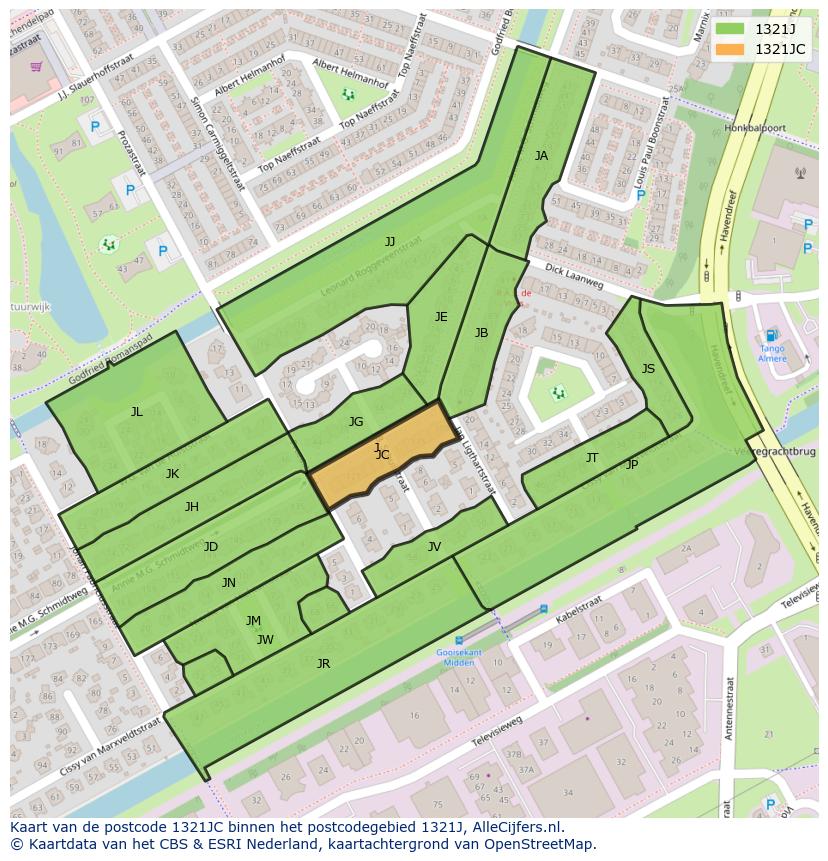 Afbeelding van het postcodegebied 1321 JC op de kaart.