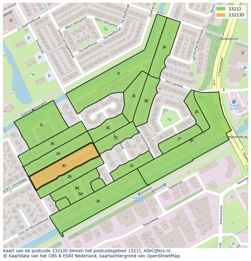 Afbeelding van het postcodegebied 1321 JD op de kaart.