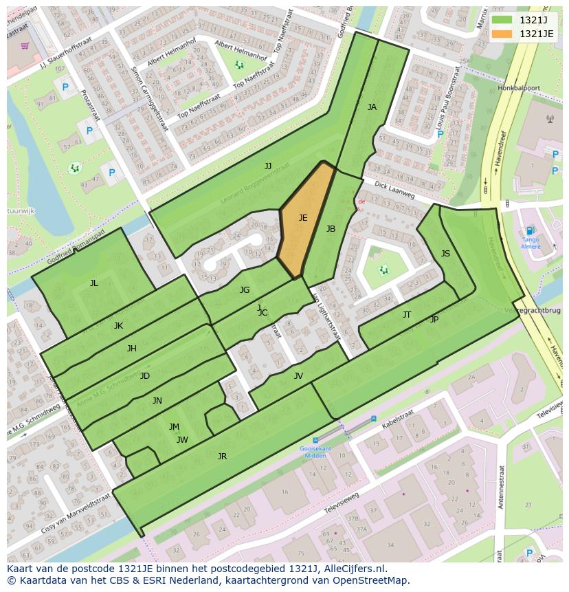 Afbeelding van het postcodegebied 1321 JE op de kaart.
