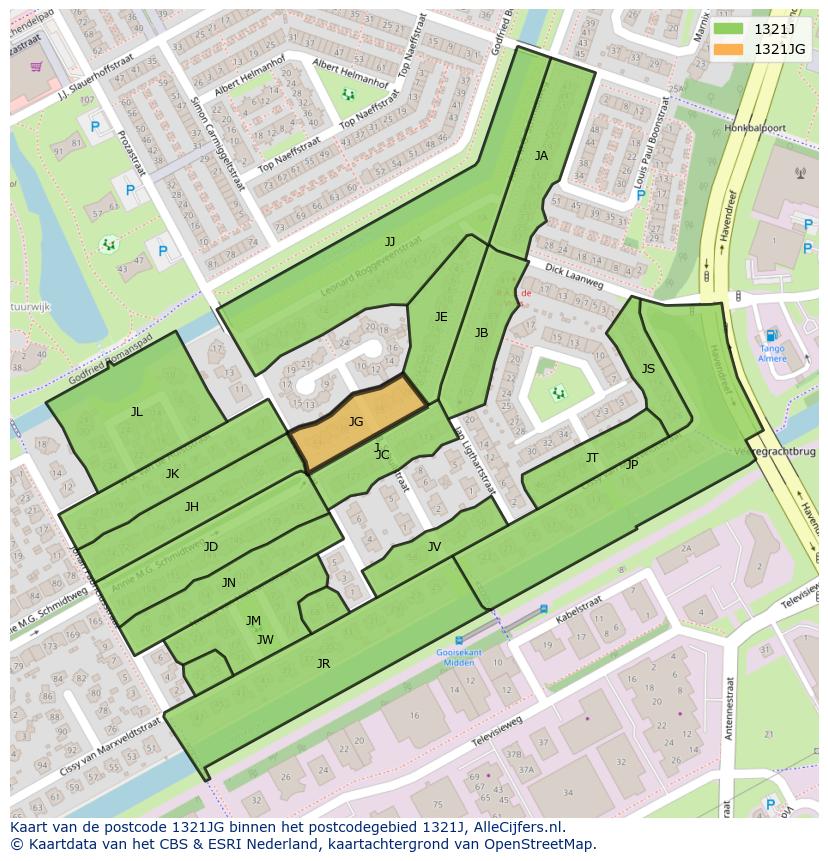 Afbeelding van het postcodegebied 1321 JG op de kaart.