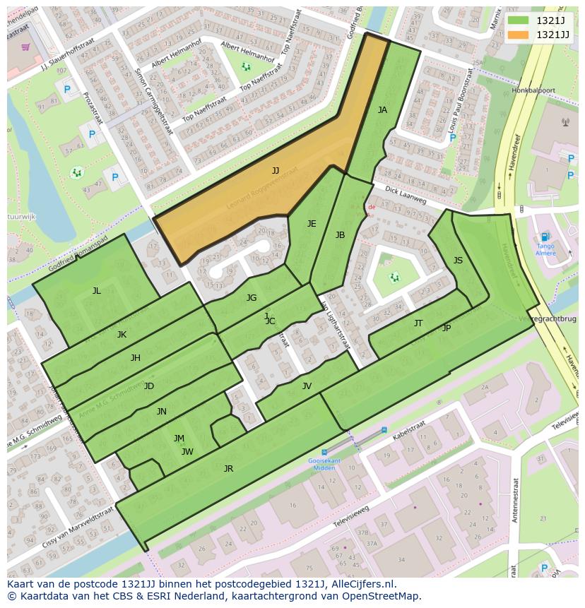 Afbeelding van het postcodegebied 1321 JJ op de kaart.