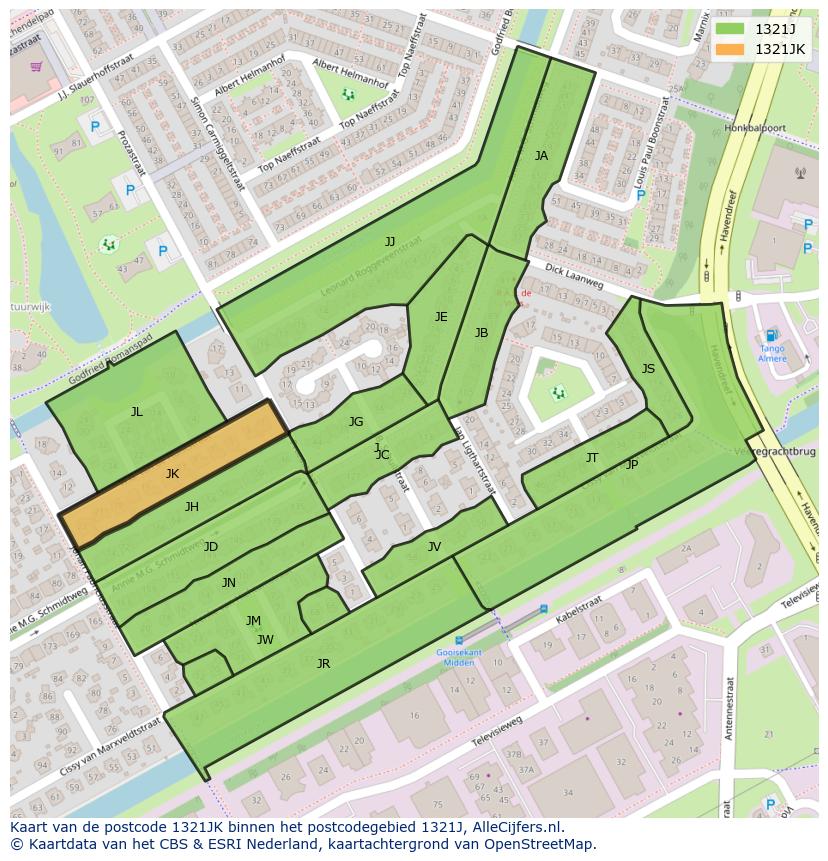 Afbeelding van het postcodegebied 1321 JK op de kaart.
