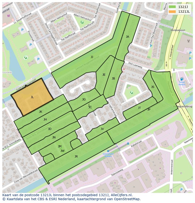 Afbeelding van het postcodegebied 1321 JL op de kaart.