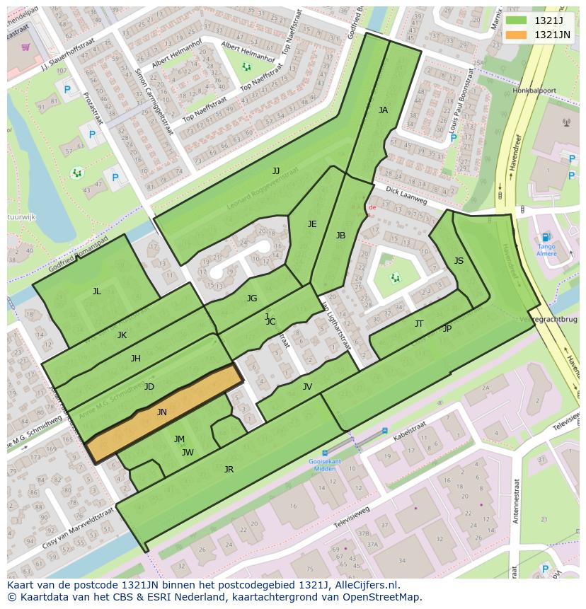 Afbeelding van het postcodegebied 1321 JN op de kaart.