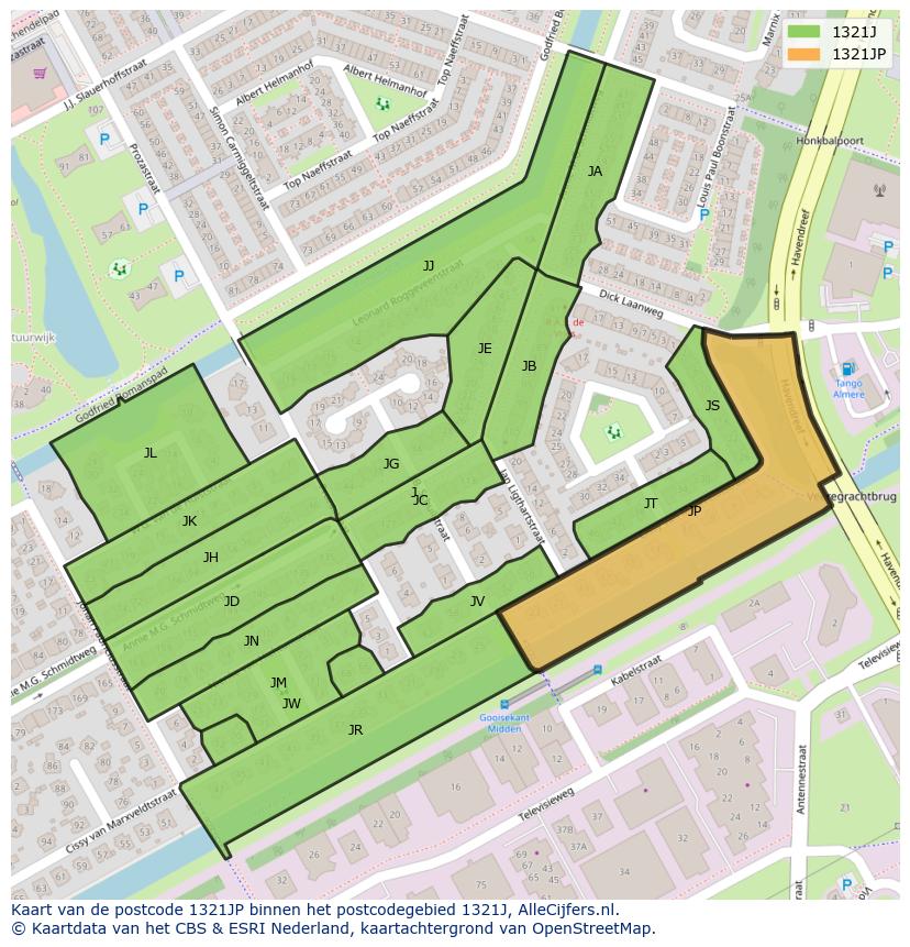 Afbeelding van het postcodegebied 1321 JP op de kaart.