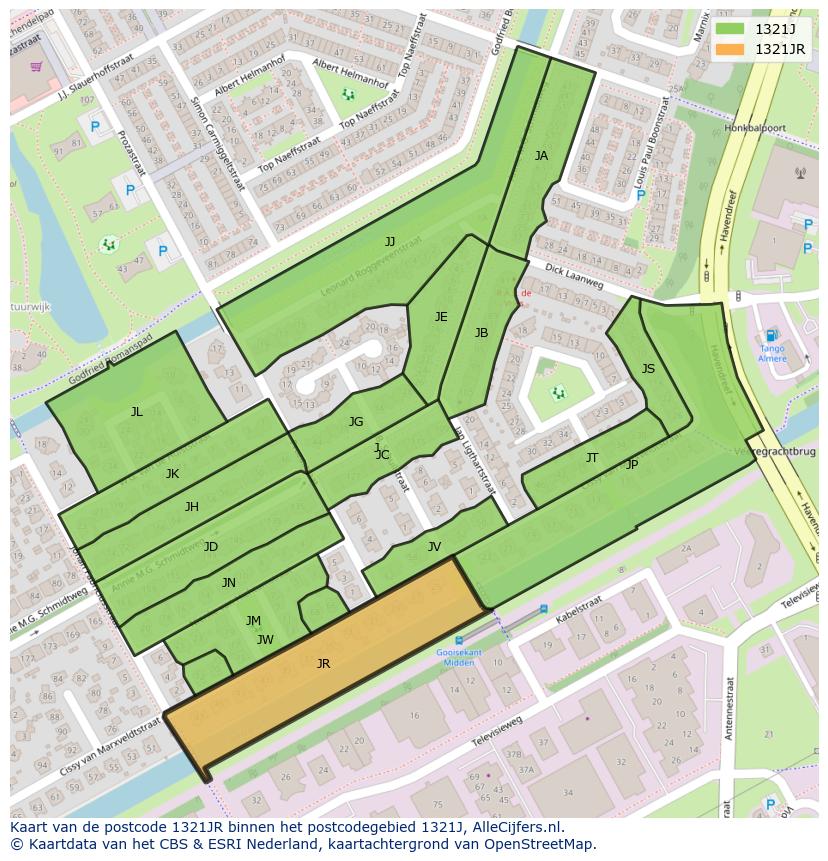 Afbeelding van het postcodegebied 1321 JR op de kaart.