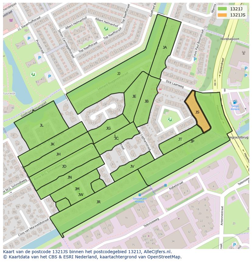 Afbeelding van het postcodegebied 1321 JS op de kaart.