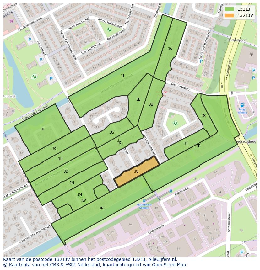 Afbeelding van het postcodegebied 1321 JV op de kaart.