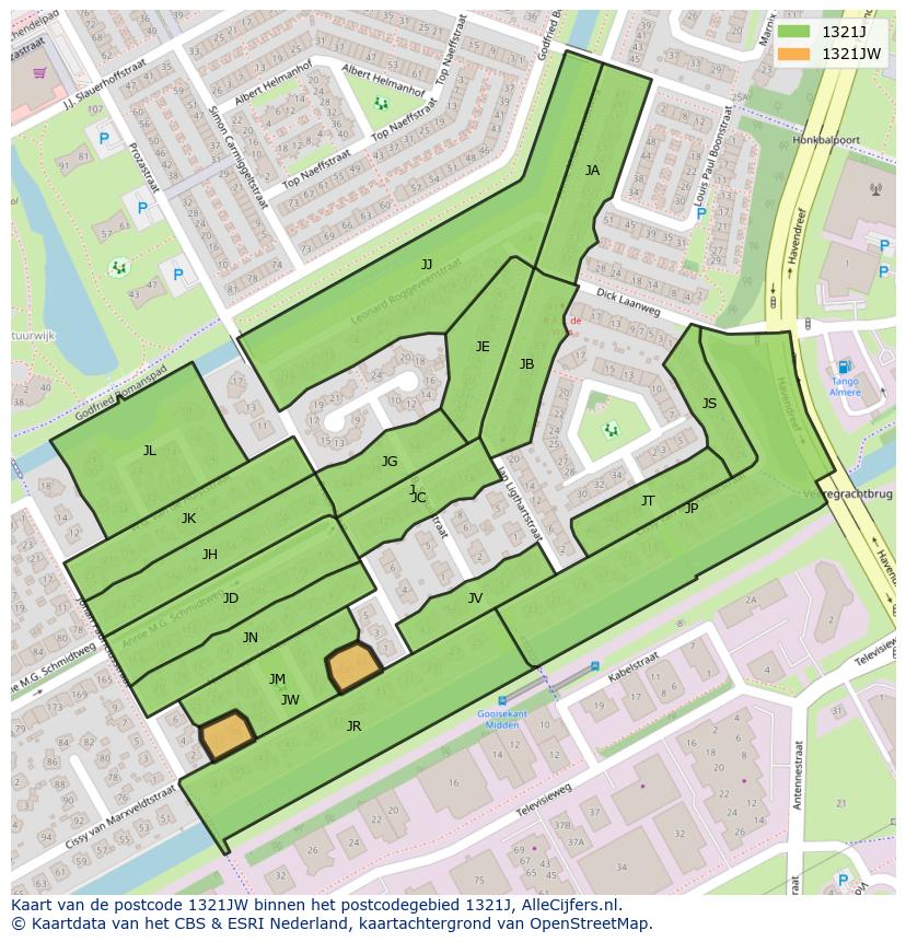Afbeelding van het postcodegebied 1321 JW op de kaart.