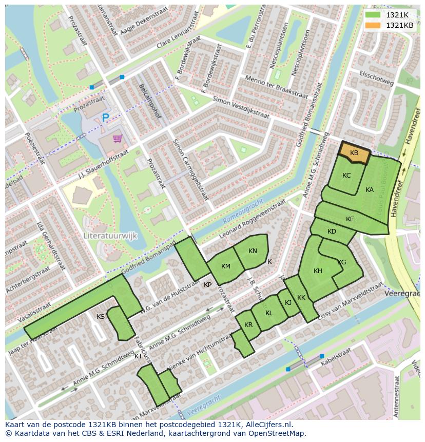 Afbeelding van het postcodegebied 1321 KB op de kaart.