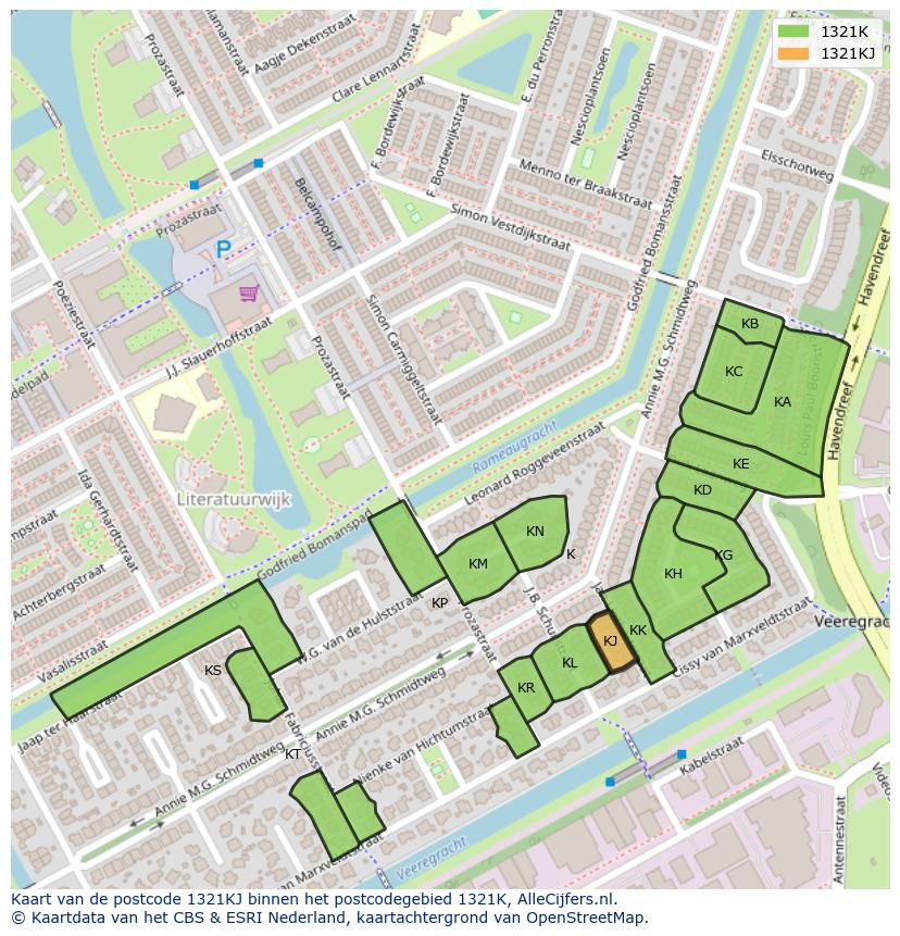 Afbeelding van het postcodegebied 1321 KJ op de kaart.