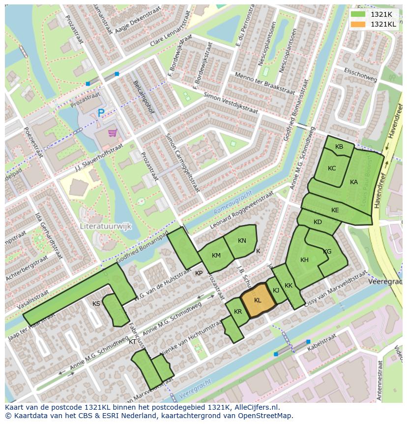 Afbeelding van het postcodegebied 1321 KL op de kaart.