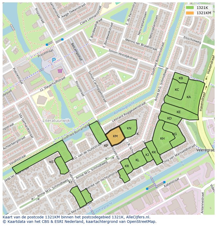 Afbeelding van het postcodegebied 1321 KM op de kaart.