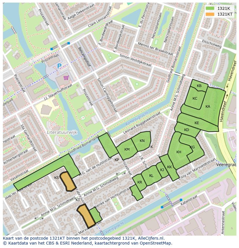 Afbeelding van het postcodegebied 1321 KT op de kaart.
