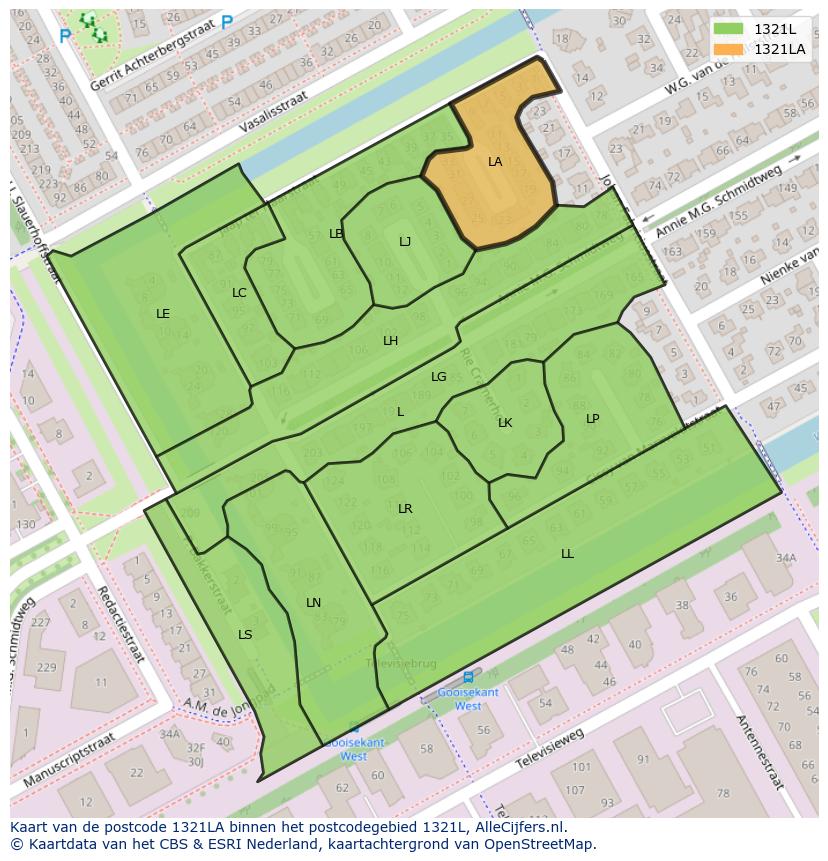 Afbeelding van het postcodegebied 1321 LA op de kaart.