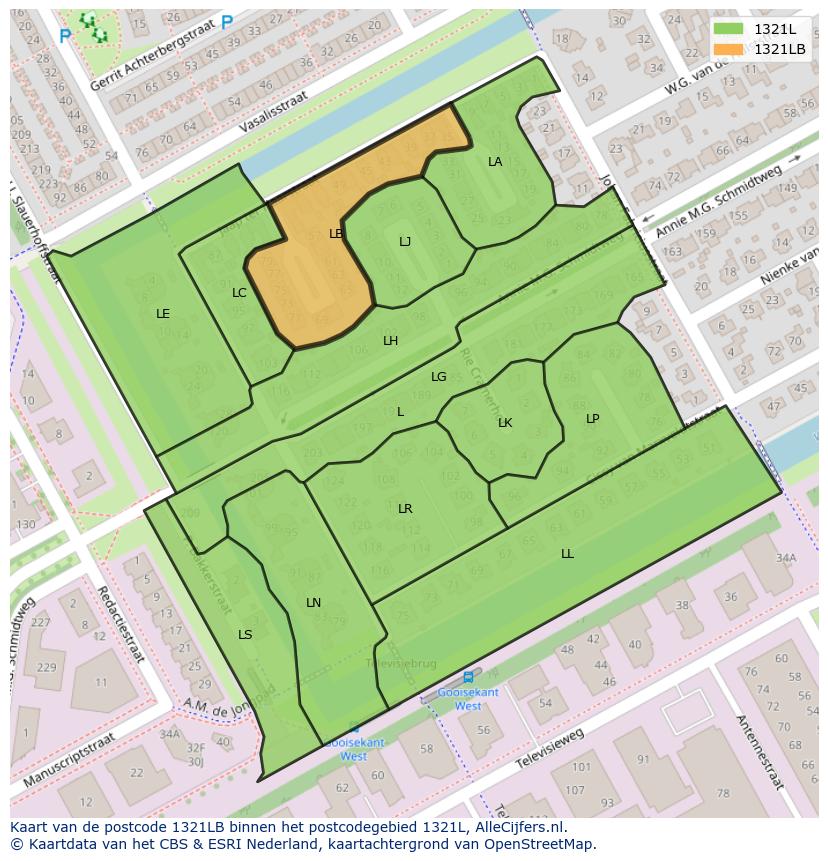 Afbeelding van het postcodegebied 1321 LB op de kaart.