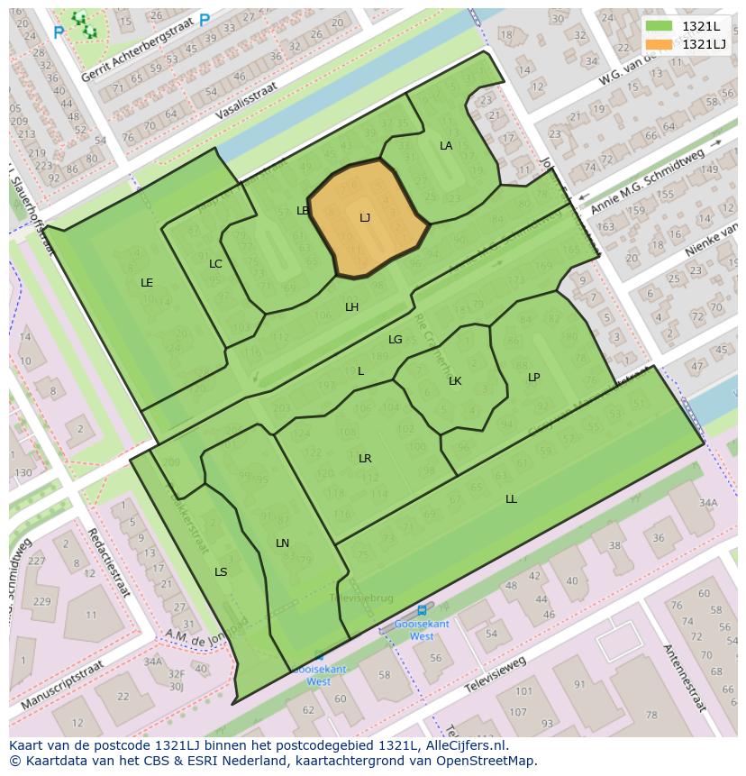 Afbeelding van het postcodegebied 1321 LJ op de kaart.