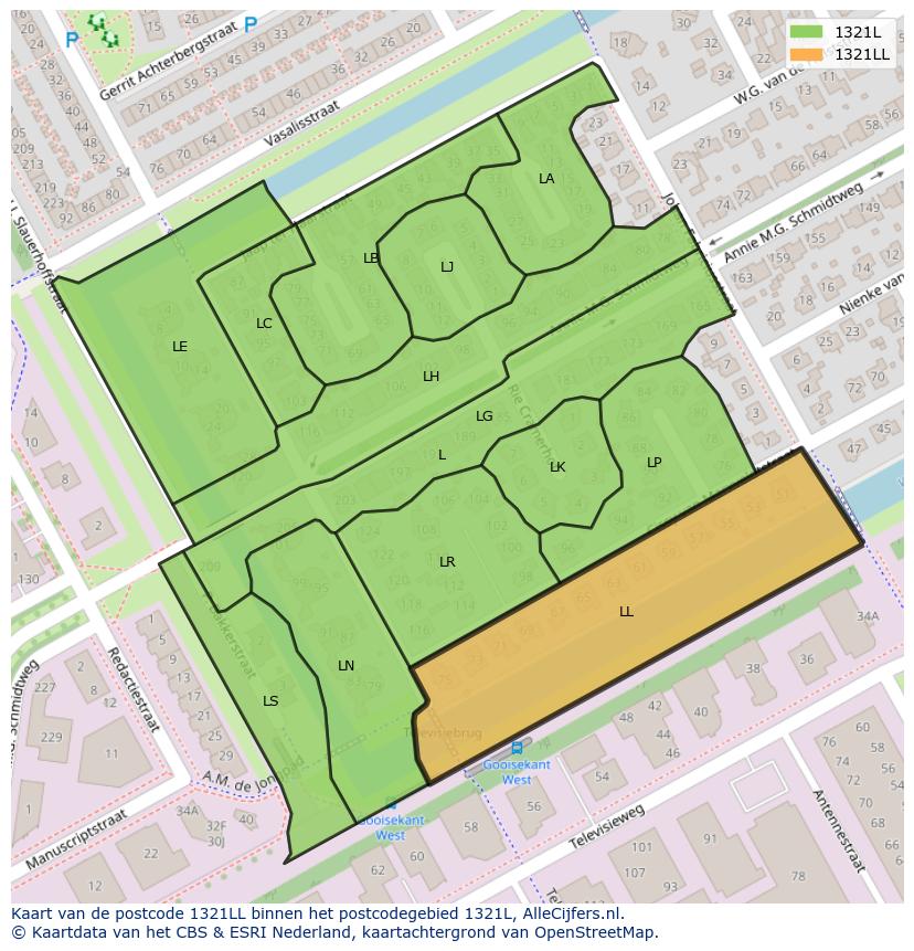 Afbeelding van het postcodegebied 1321 LL op de kaart.