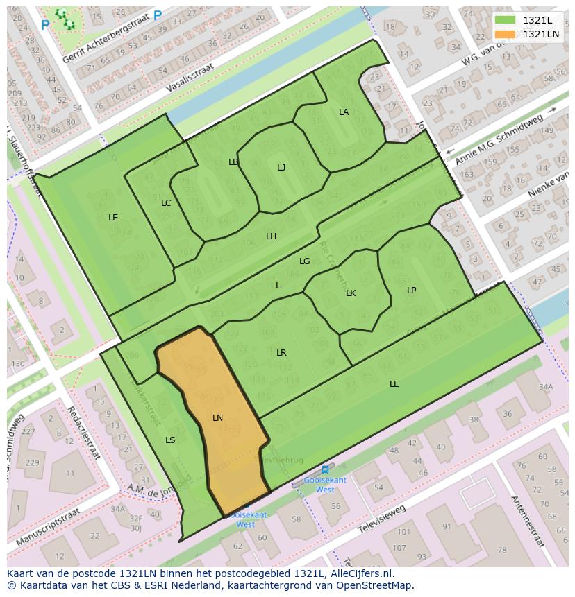 Afbeelding van het postcodegebied 1321 LN op de kaart.