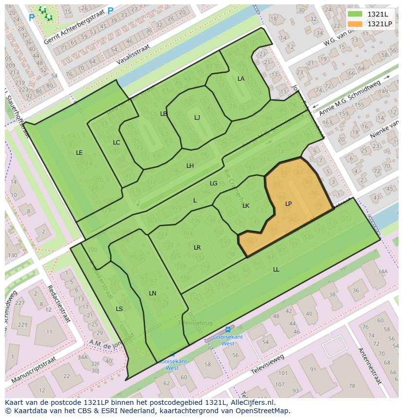 Afbeelding van het postcodegebied 1321 LP op de kaart.