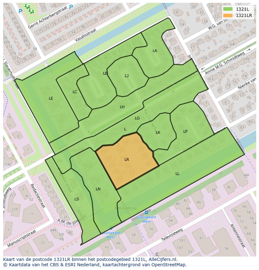 Afbeelding van het postcodegebied 1321 LR op de kaart.