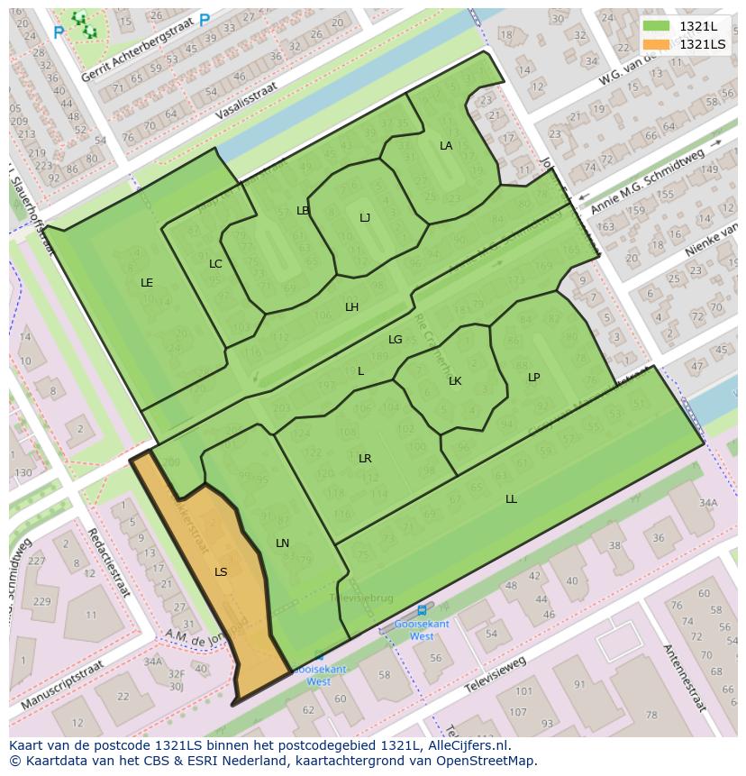 Afbeelding van het postcodegebied 1321 LS op de kaart.