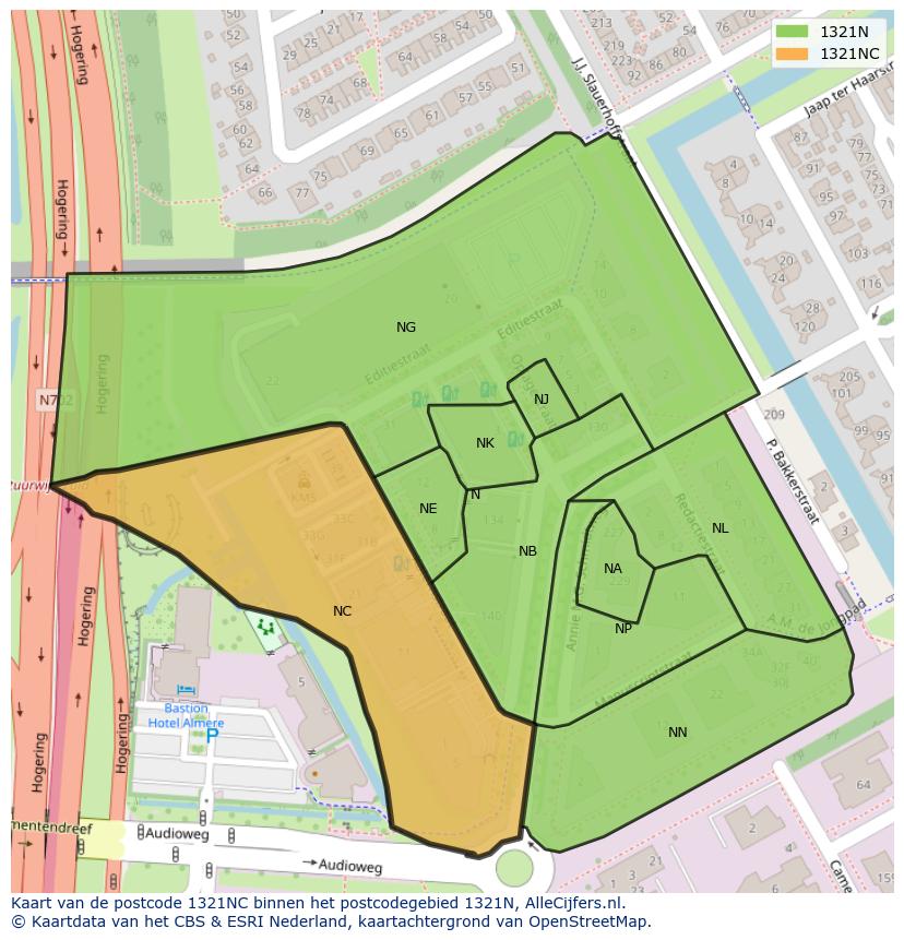 Afbeelding van het postcodegebied 1321 NC op de kaart.