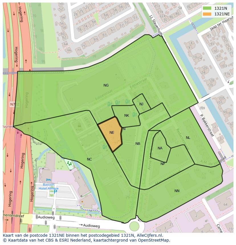 Afbeelding van het postcodegebied 1321 NE op de kaart.