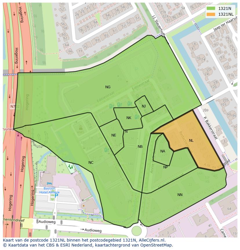 Afbeelding van het postcodegebied 1321 NL op de kaart.