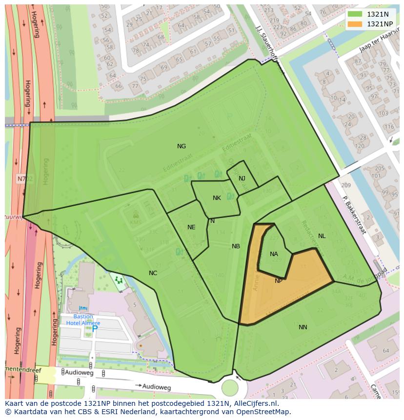 Afbeelding van het postcodegebied 1321 NP op de kaart.