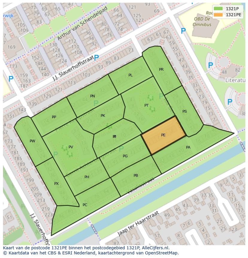 Afbeelding van het postcodegebied 1321 PE op de kaart.