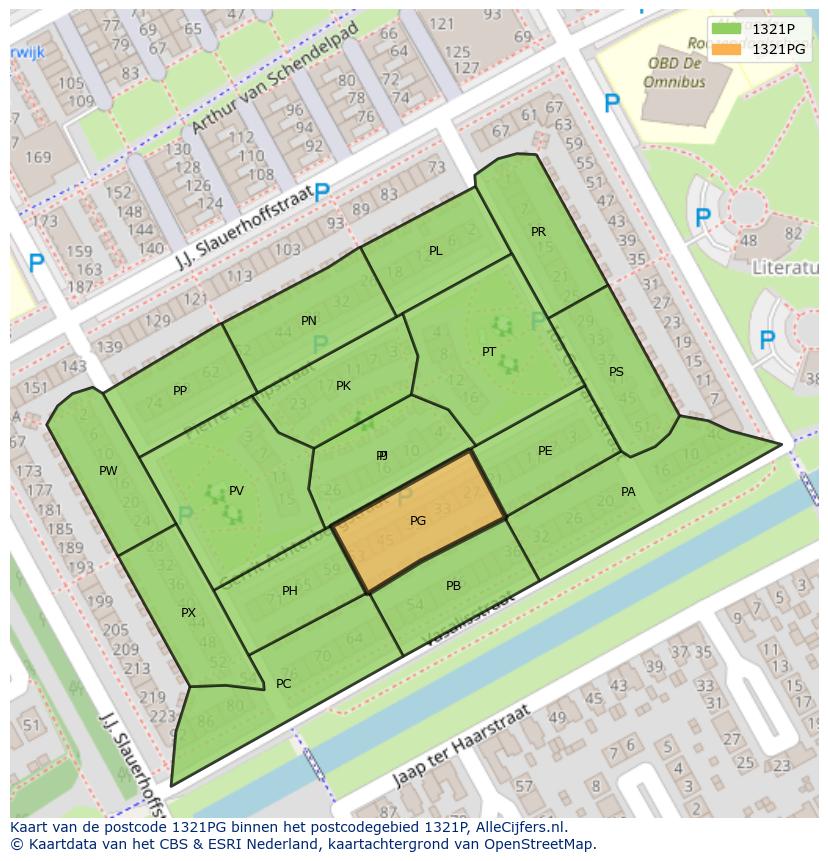 Afbeelding van het postcodegebied 1321 PG op de kaart.