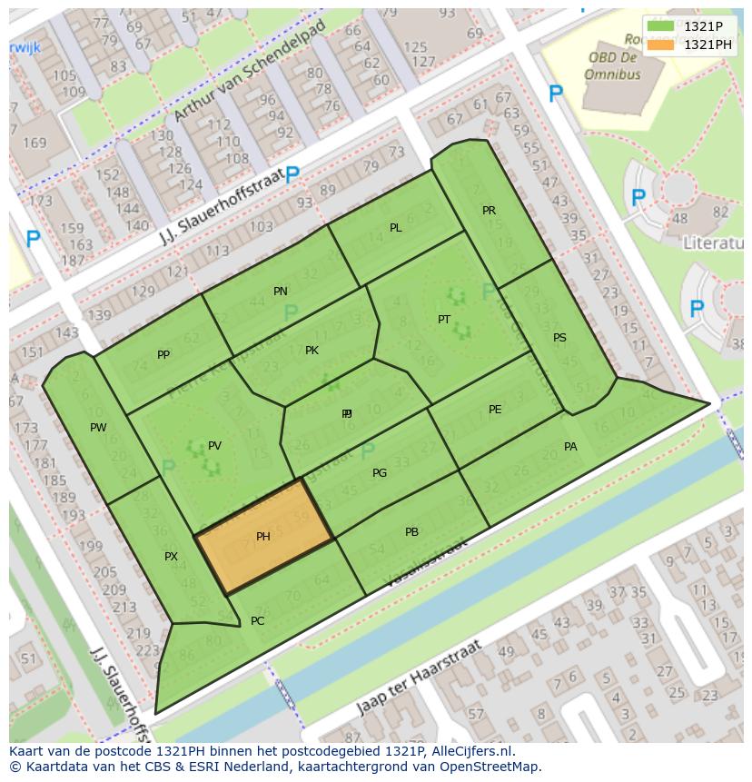 Afbeelding van het postcodegebied 1321 PH op de kaart.