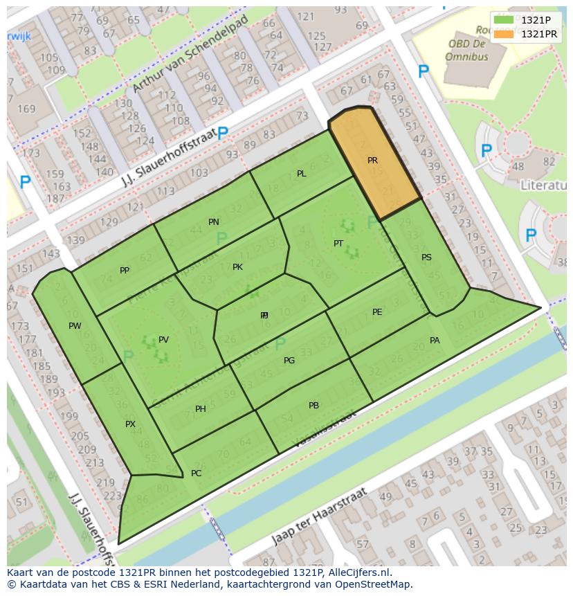 Afbeelding van het postcodegebied 1321 PR op de kaart.