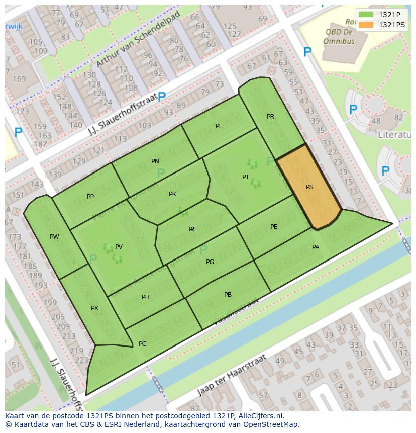 Afbeelding van het postcodegebied 1321 PS op de kaart.