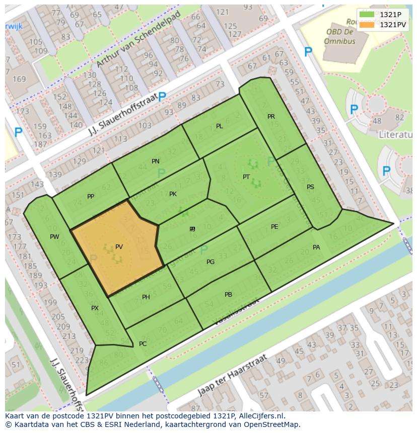 Afbeelding van het postcodegebied 1321 PV op de kaart.
