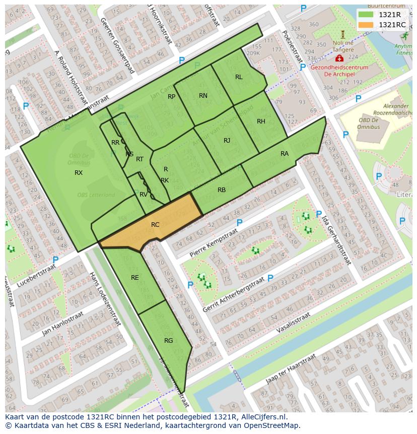 Afbeelding van het postcodegebied 1321 RC op de kaart.