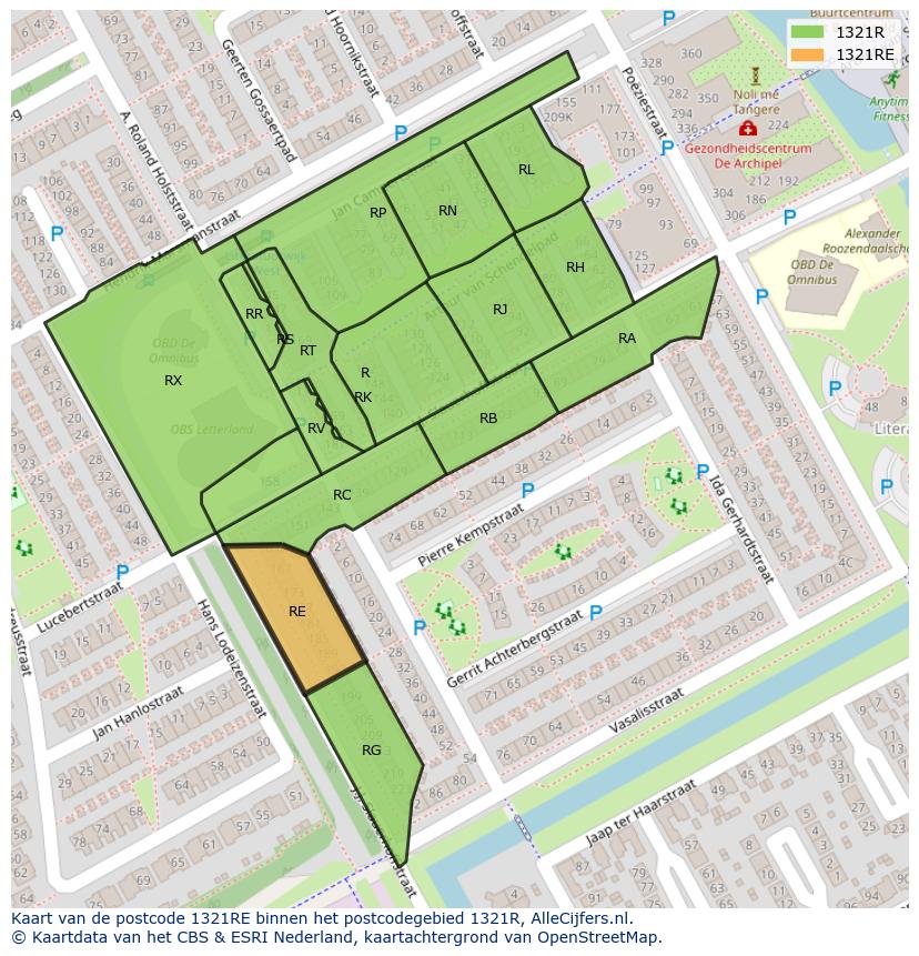 Afbeelding van het postcodegebied 1321 RE op de kaart.