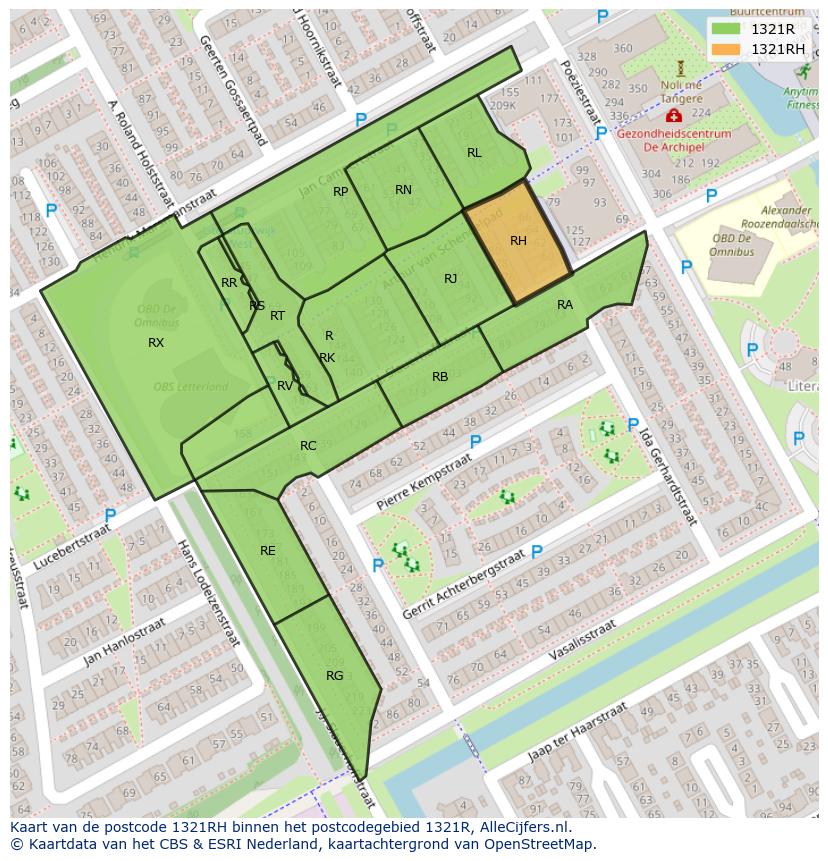 Afbeelding van het postcodegebied 1321 RH op de kaart.