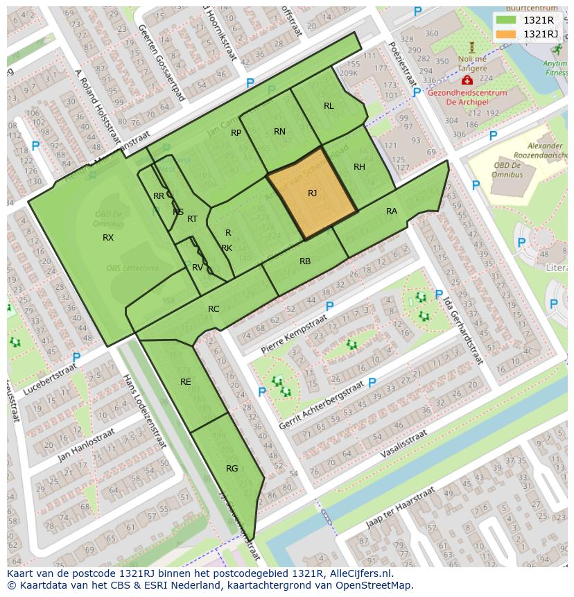 Afbeelding van het postcodegebied 1321 RJ op de kaart.